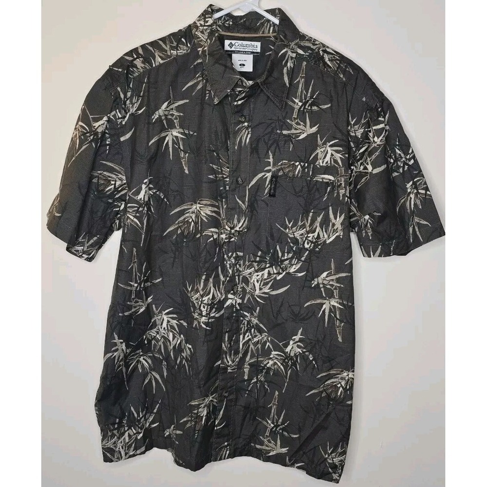 Columbia Button Up Shirt‎ Men's All Over Print Bamboo Leaf Short Sleeve Gray